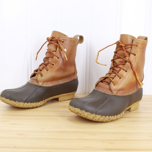 LL Bean Unlined Brown Leather Lace-up Rubber Duck Boots Size 7 M - Picture 2 of 9